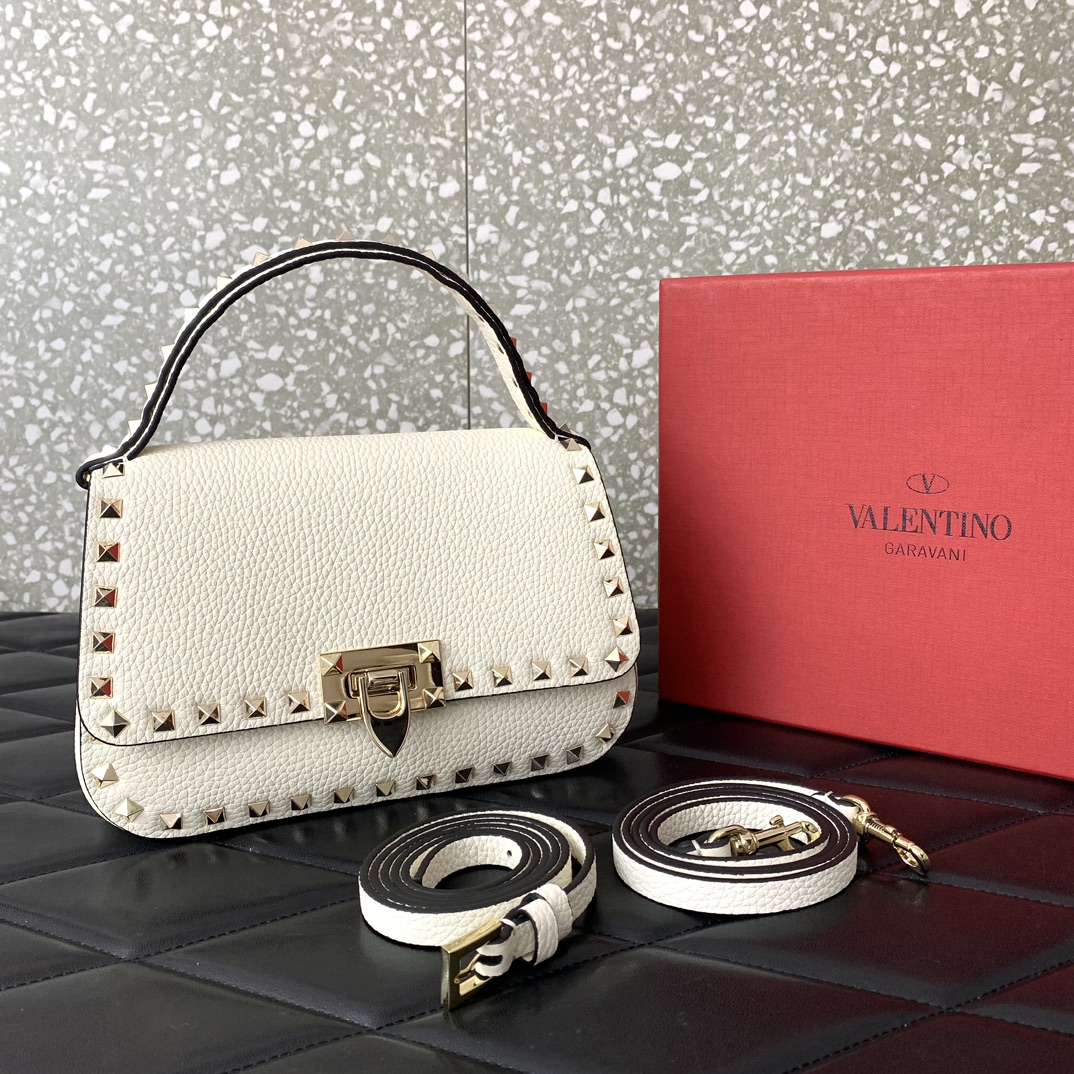 Valentino Garavani Rockstud Handbag Shoulder Bag in Ivory Grainy Calfskin